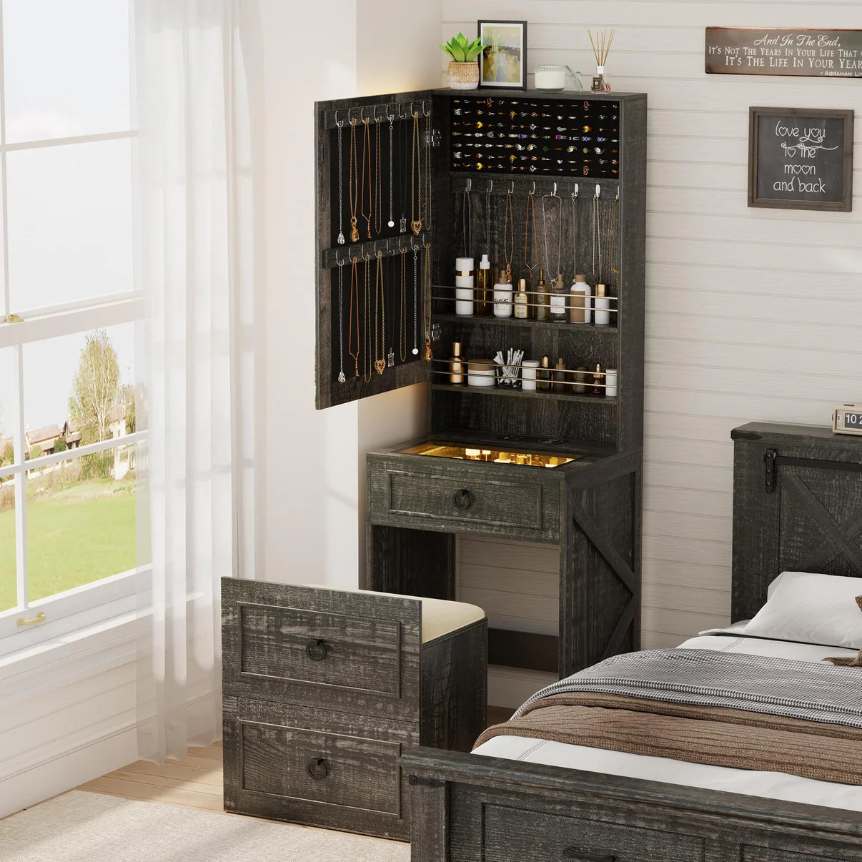 Tocador 3 in 1 con specchio LED e sgabello con contenitore