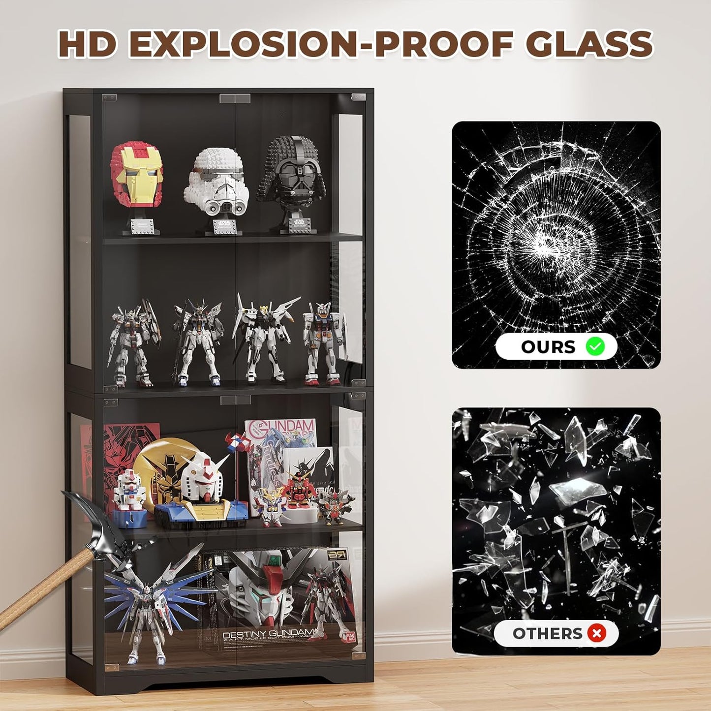 AT Vetrina con Ante in Vetro – Credenza a 4 Ripiani con Luci LED a 3 Colori