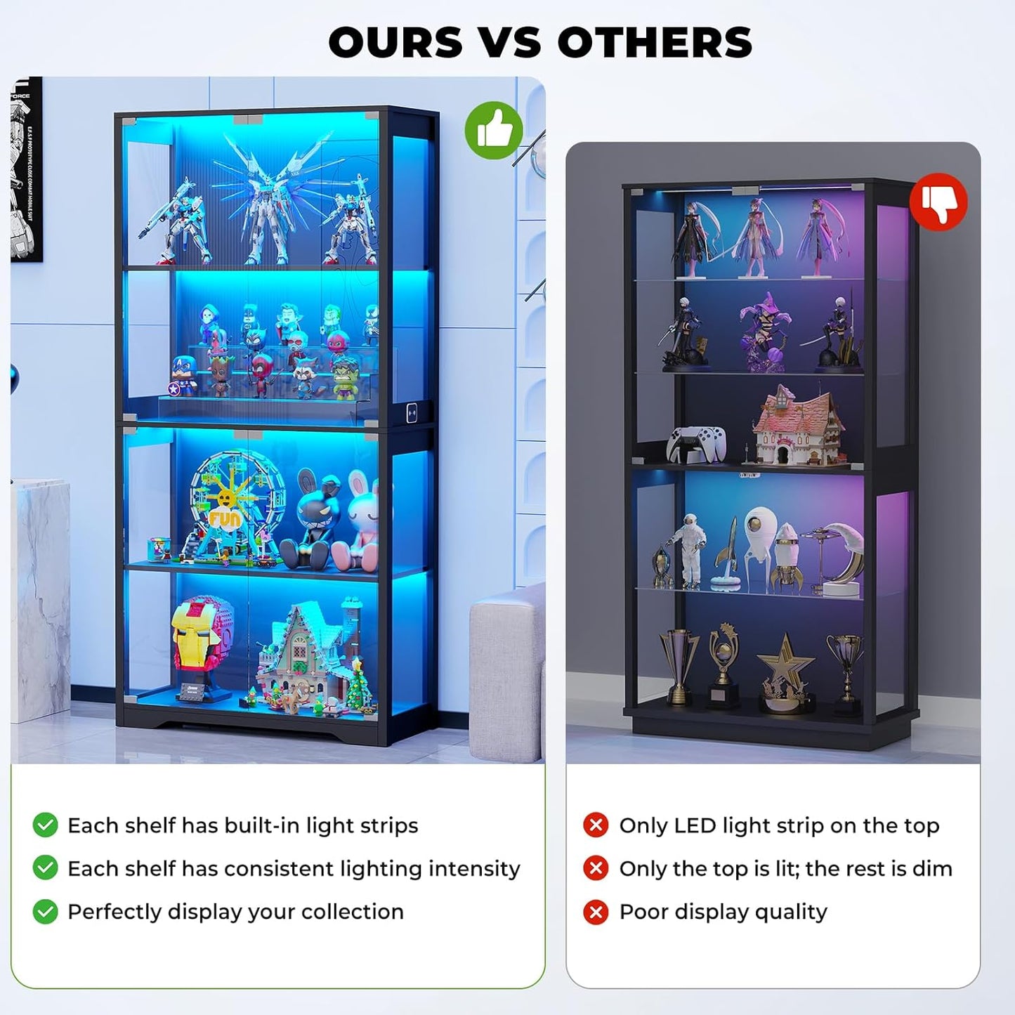 S Vetrina con Ante in Vetro – Credenza a 4 Ripiani con Luci LED a 3 Colori