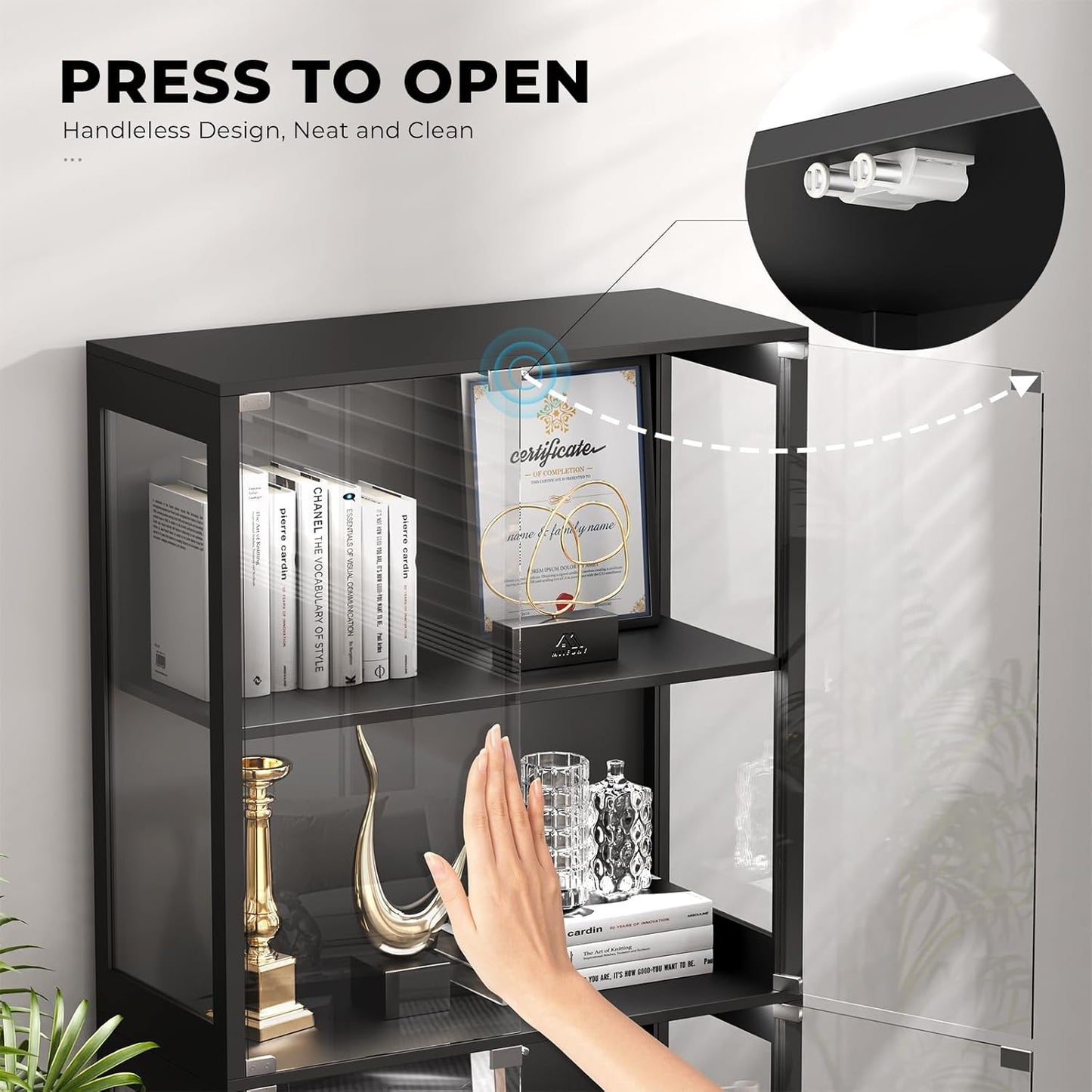 AT Vetrina con Ante in Vetro – Credenza a 4 Ripiani con Luci LED a 3 Colori