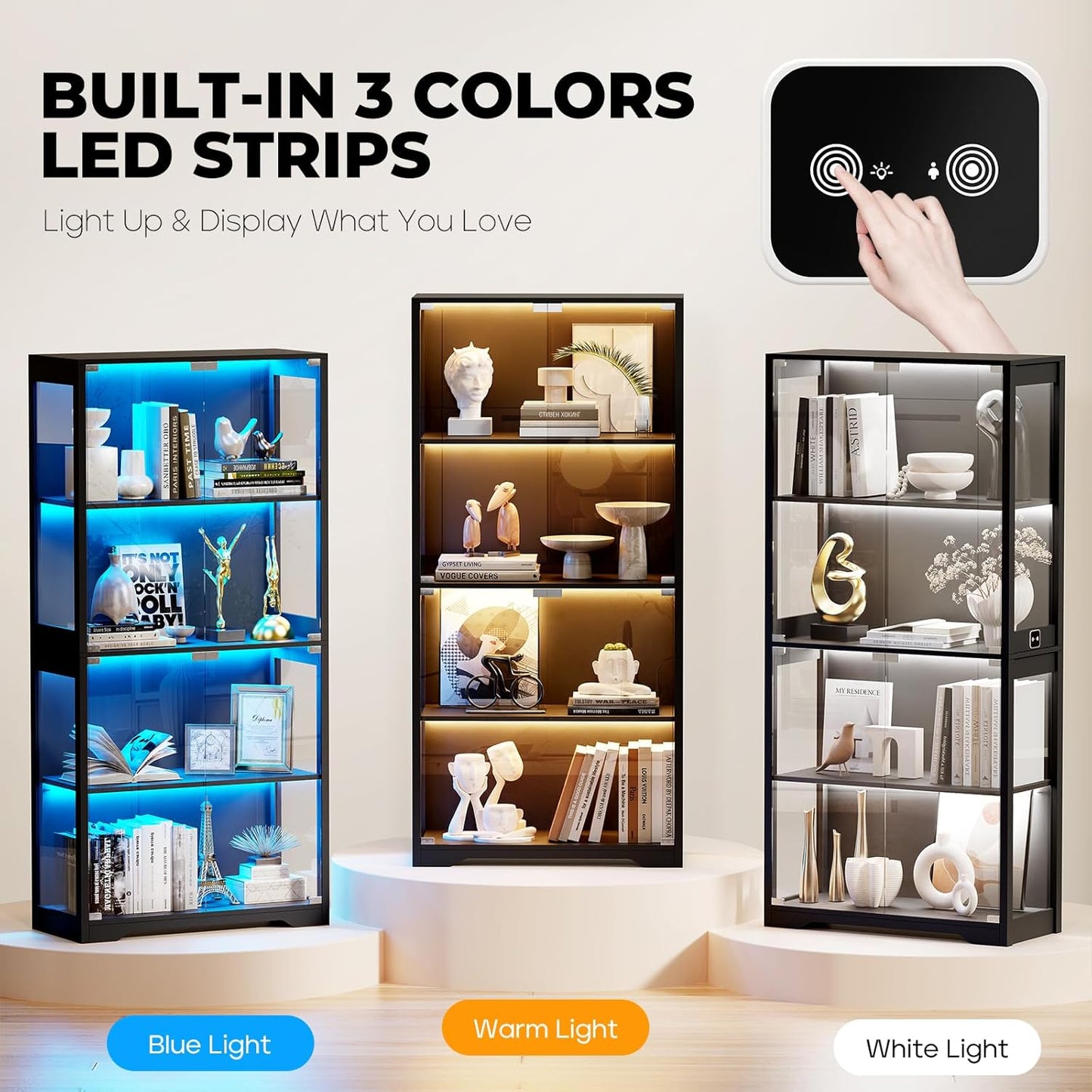 S Vetrina con Ante in Vetro – Credenza a 4 Ripiani con Luci LED a 3 Colori