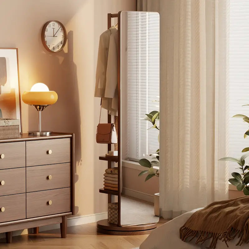 ✨AF Specchio da Terra in Legno Massiccio – Girevole con Appendiabiti! 🪞