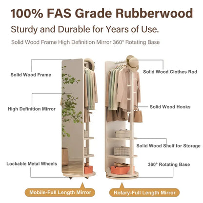 ✨S Specchio da Terra in Legno Massiccio – Girevole con Appendiabiti! 🪞