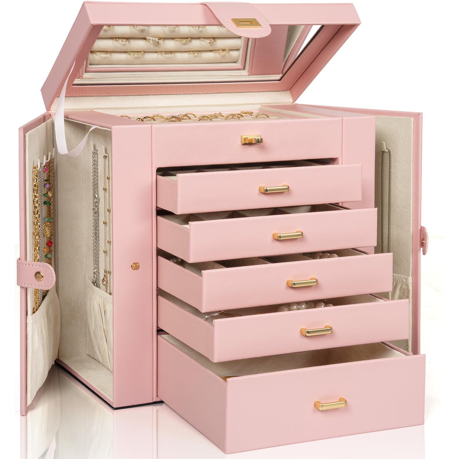 AKOZLIN Huge Jewelry Box Organizer Functional Lockable, Large Leather Jewelry Storage Case for Women Girls Ring Necklace Earring Bracelet Holder Organizer with Mirror